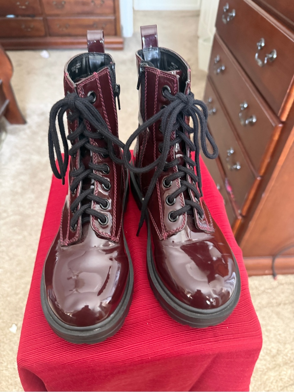 SODA burgundy patent combat boots